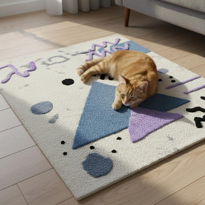 Abstract geometric rug with pastel blue and lavender shapes on ivory bouclé texture