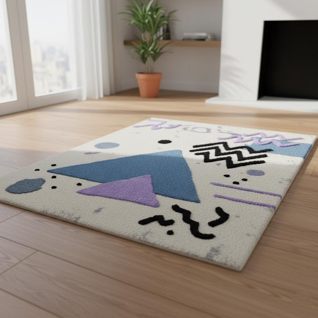 Abstract geometric rug with pastel blue and lavender shapes on ivory bouclé texture