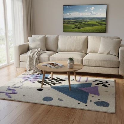 Abstract geometric rug with pastel blue and lavender shapes on ivory base, soft bouclé texture, modern Memphis style area rug for living rooms and nurseries