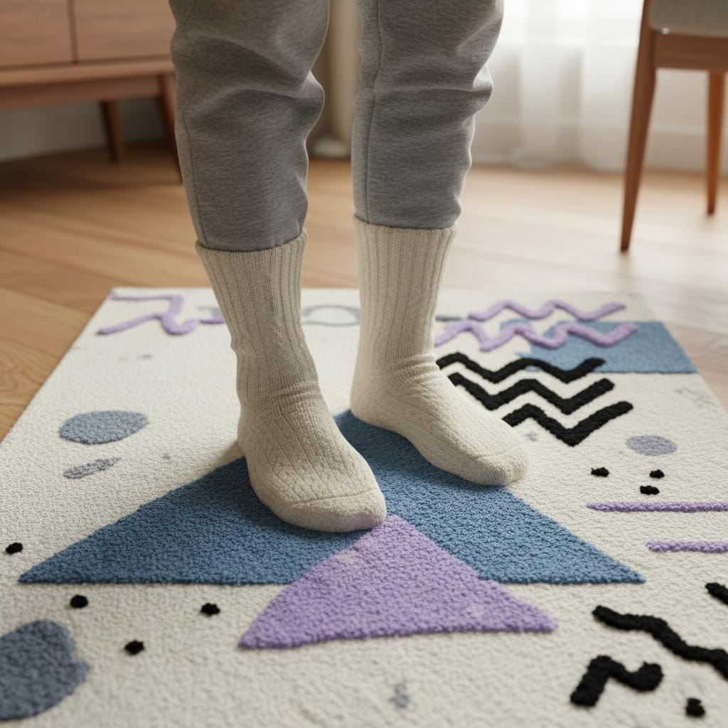Abstract geometric rug with pastel blue and lavender shapes on ivory bouclé texture