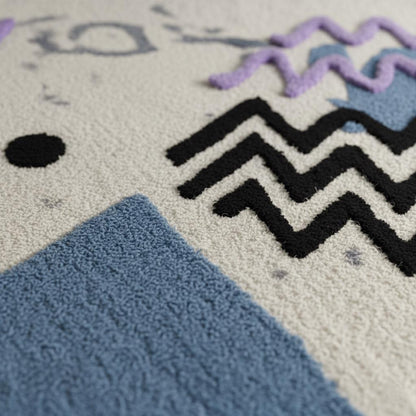 Abstract geometric rug with pastel blue and lavender shapes on an ivory base, soft bouclé texture, modern Memphis style design.