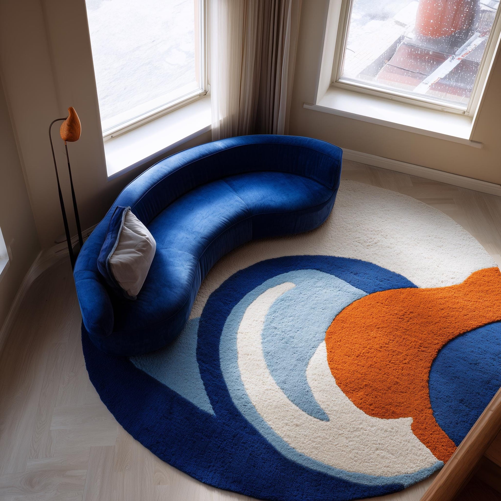 Modern Abstract Round Rug Blue Orange | Hand Tufted Art Rug for Living Room | Contemporary Curved Sofa Rug | Mid Century Carpet Custom Size
