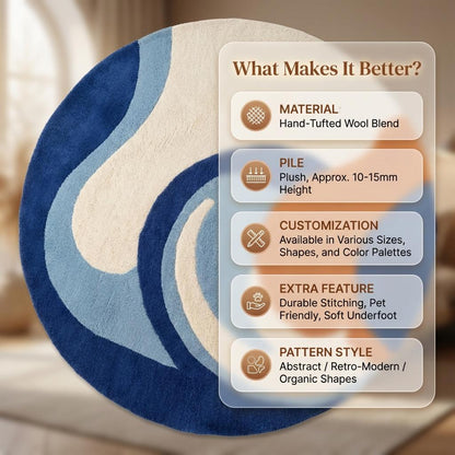 Modern Abstract Round Rug Blue Orange | Hand Tufted Art Rug for Living Room | Contemporary Curved Sofa Rug | Mid Century Carpet Custom Size