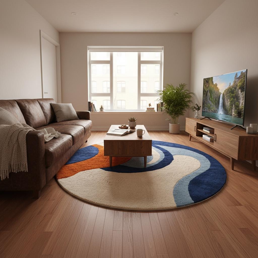 Modern Abstract Round Rug Blue Orange | Hand Tufted Art Rug for Living Room | Contemporary Curved Sofa Rug | Mid Century Carpet Custom Size