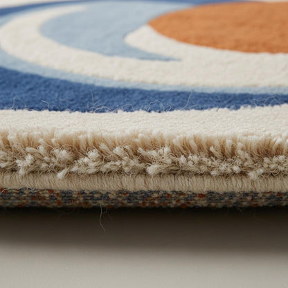 Modern Abstract Round Rug Blue Orange | Hand Tufted Art Rug for Living Room | Contemporary Curved Sofa Rug | Mid Century Carpet Custom Size