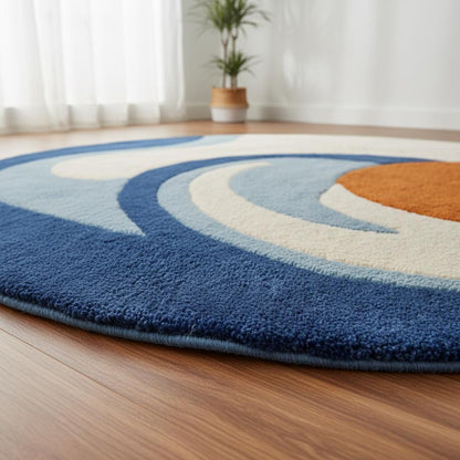 Modern Abstract Round Rug Blue Orange | Hand Tufted Art Rug for Living Room | Contemporary Curved Sofa Rug | Mid Century Carpet Custom Size