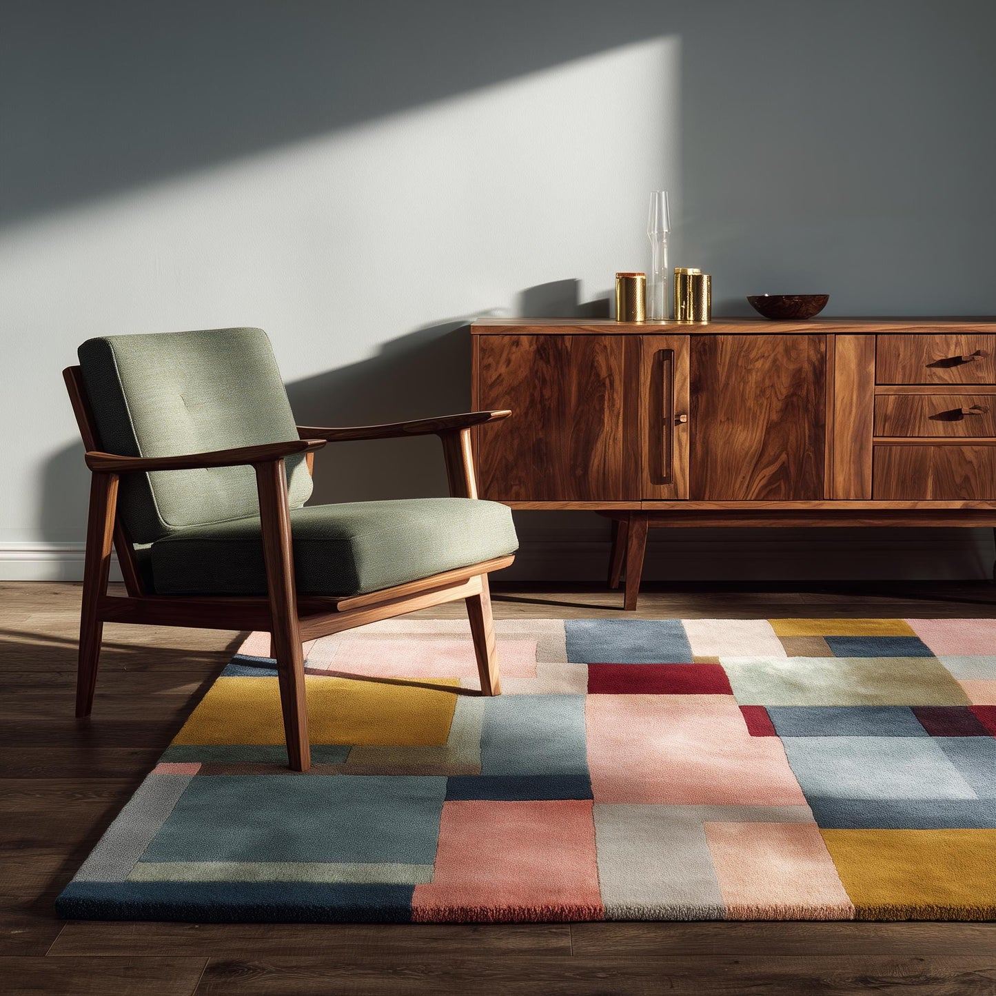 Mid century wool rug with pastel geometric pattern, hand-tufted durable wool carpet for modern living room decor
