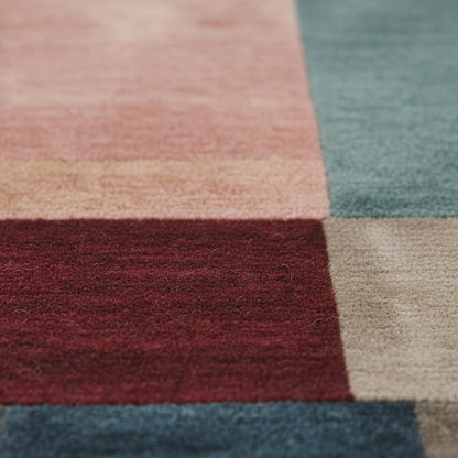 Modern Colour-Block Area Rug | Mid-Century Walnut & Pastel Squares – Soft Geo Pattern for Living Room, Bedside and Lounge Teppich