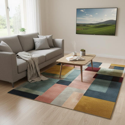 Modern Colour-Block Area Rug | Mid-Century Walnut & Pastel Squares – Soft Geo Pattern for Living Room, Bedside and Lounge Teppich