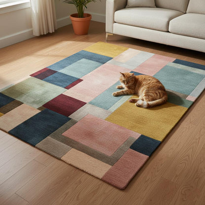 Modern Colour-Block Area Rug | Mid-Century Walnut & Pastel Squares – Soft Geo Pattern for Living Room, Bedside and Lounge Teppich