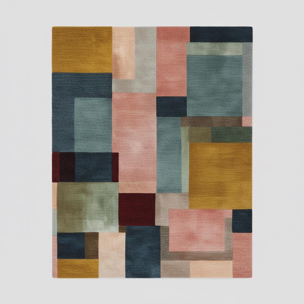 Modern Colour-Block Area Rug | Mid-Century Walnut & Pastel Squares – Soft Geo Pattern for Living Room, Bedside and Lounge Teppich