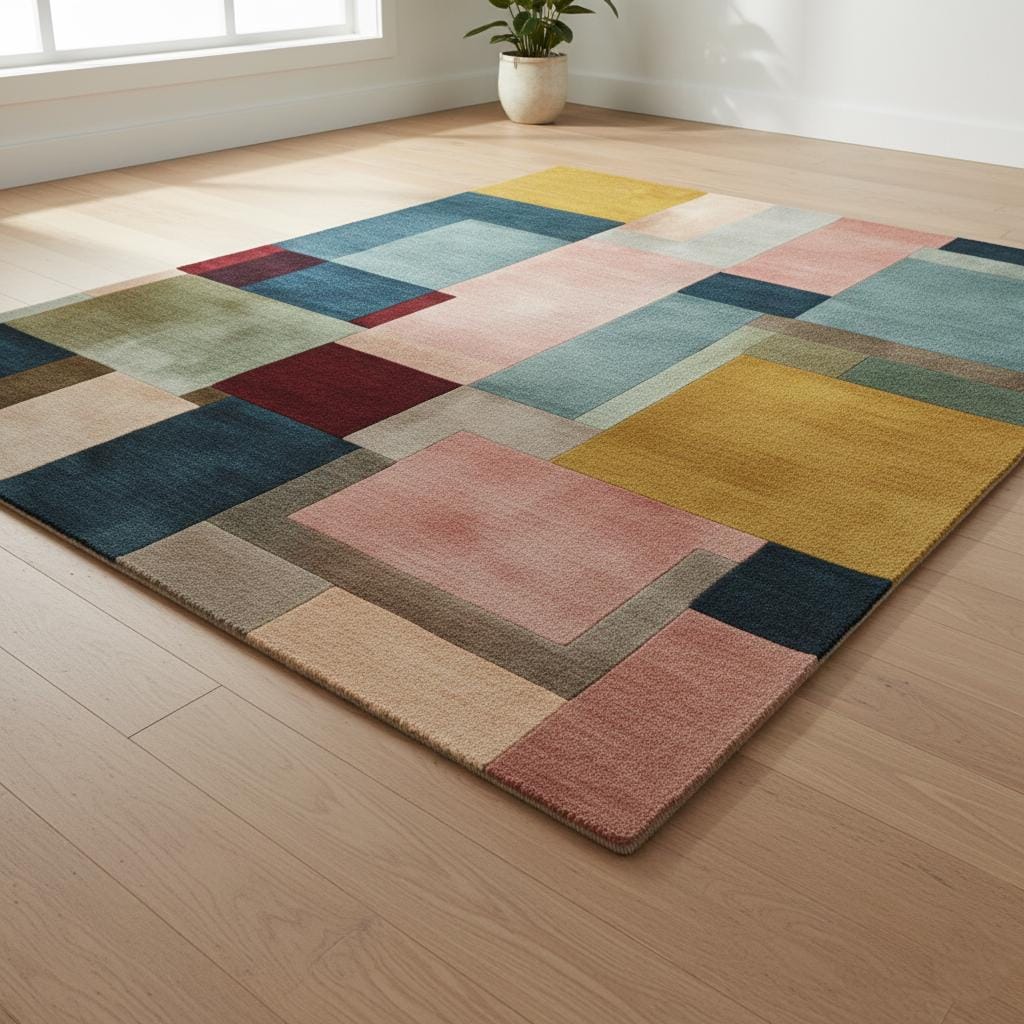 Modern Colour-Block Area Rug | Mid-Century Walnut & Pastel Squares – Soft Geo Pattern for Living Room, Bedside and Lounge Teppich