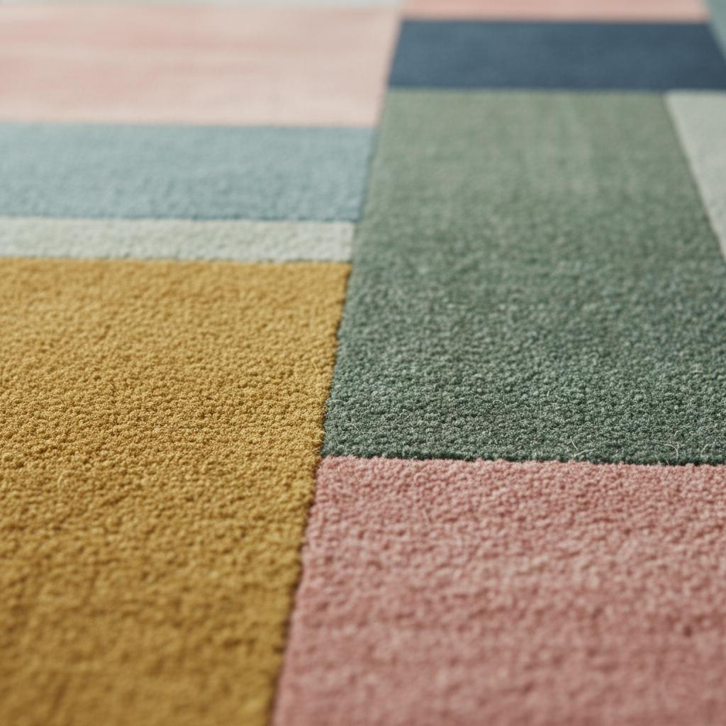 Modern Colour-Block Area Rug | Mid-Century Walnut & Pastel Squares – Soft Geo Pattern for Living Room, Bedside and Lounge Teppich