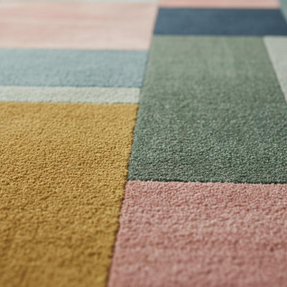 Modern Colour-Block Area Rug | Mid-Century Walnut & Pastel Squares – Soft Geo Pattern for Living Room, Bedside and Lounge Teppich