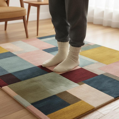 Modern Colour-Block Area Rug | Mid-Century Walnut & Pastel Squares – Soft Geo Pattern for Living Room, Bedside and Lounge Teppich