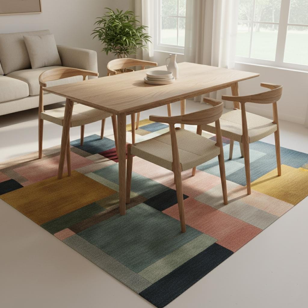 Modern Colour-Block Area Rug | Mid-Century Walnut & Pastel Squares – Soft Geo Pattern for Living Room, Bedside and Lounge Teppich
