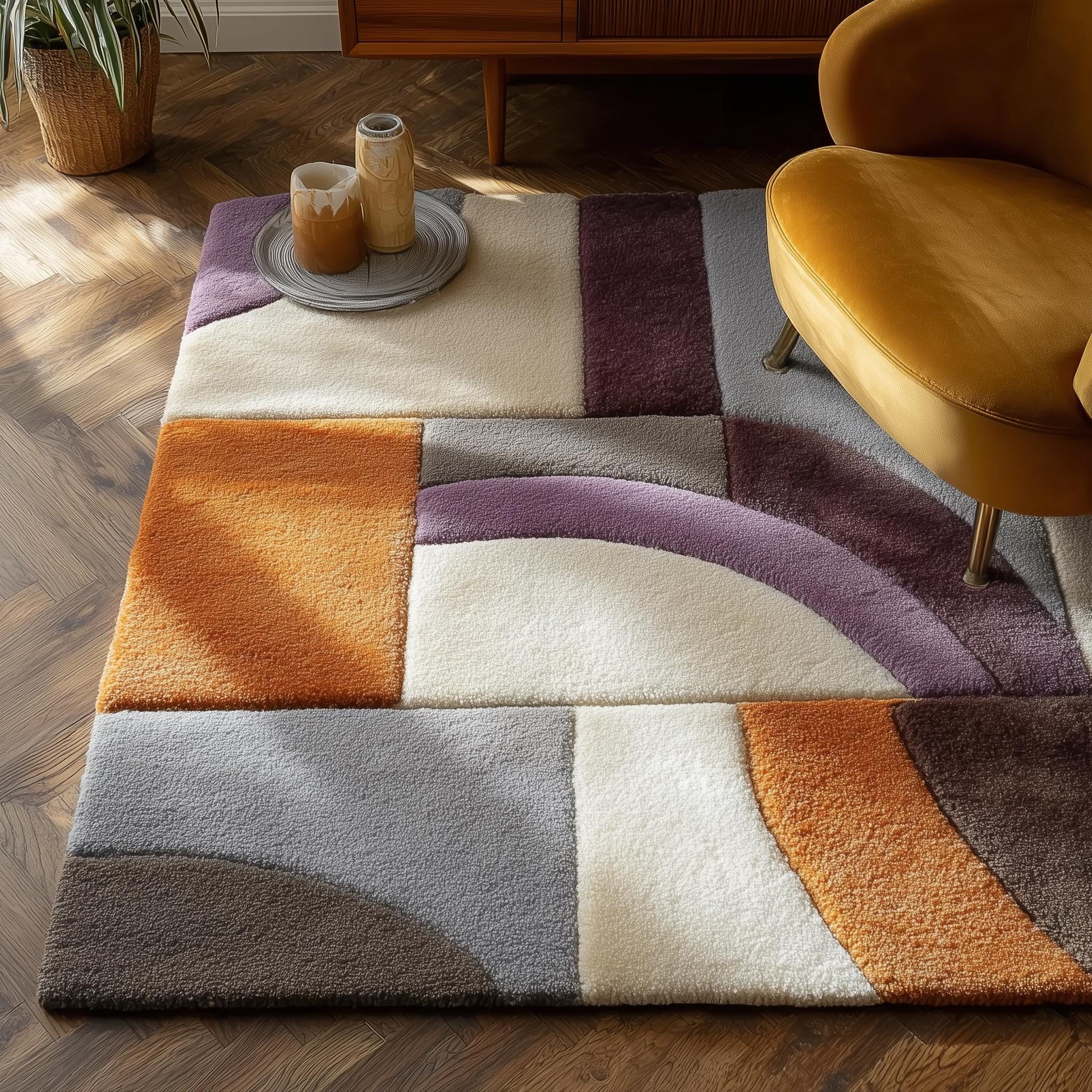 Modern geometric rug with muted orange, dusty lilac, and ivory cream tones in abstract color block design