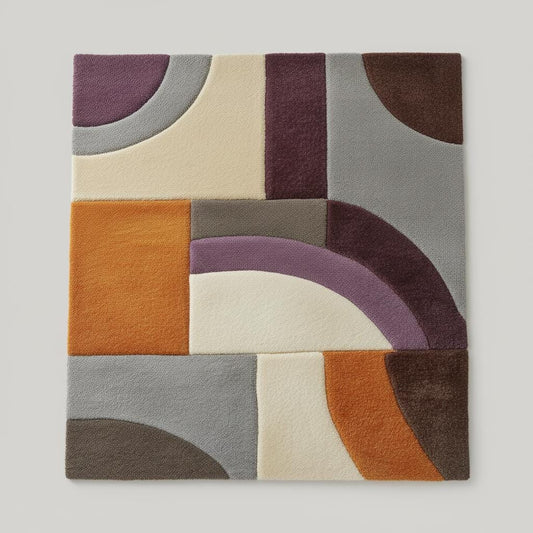 Modern geometric rug in muted orange, dusty lilac, and ivory cream tones with bold abstract shapes and non skid backing
