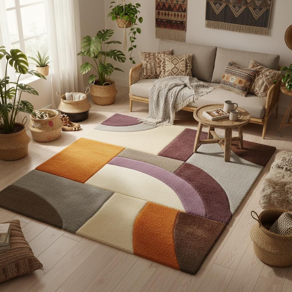 Modern Geometric Area Rug – Abstract Colour-Block Design in Muted Orange, Dusty Lilac & Ivory – Contemporary Home Accent Rug for Living Room