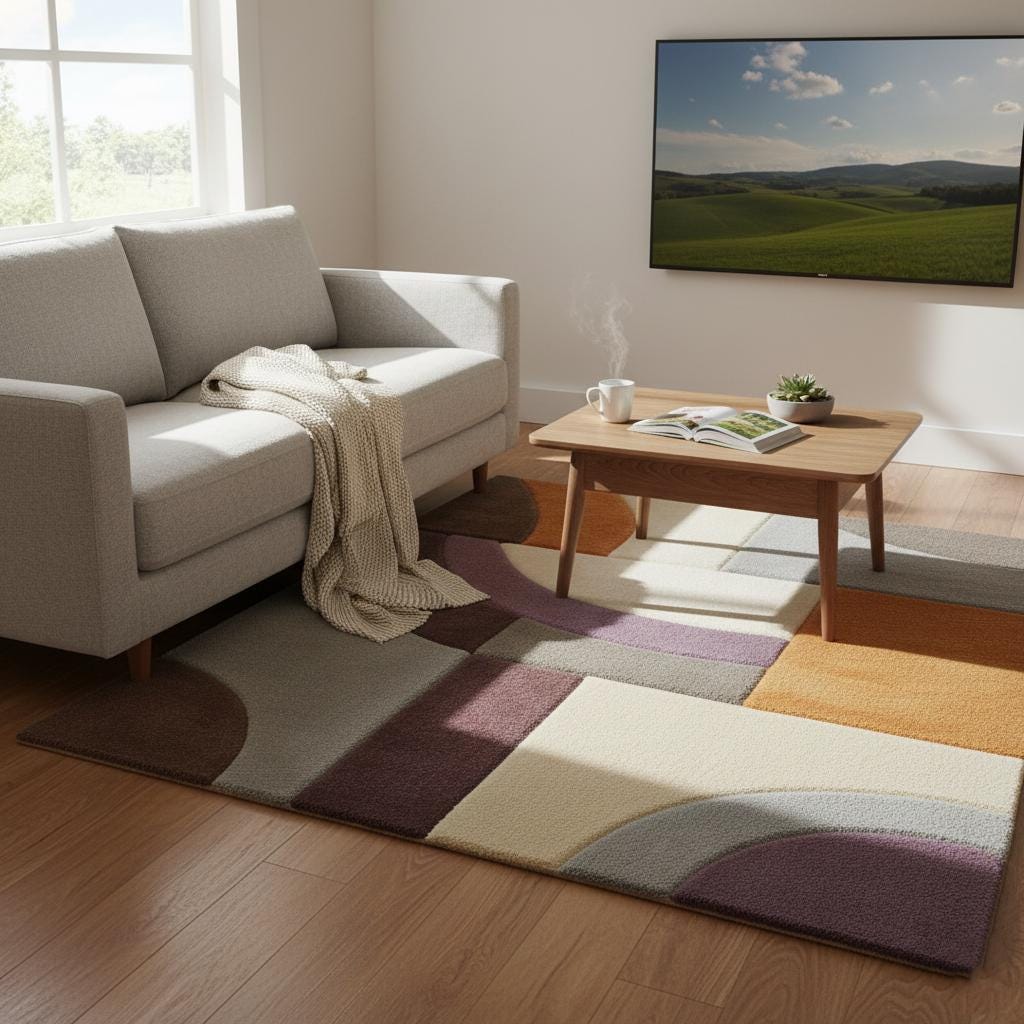 Modern Geometric Area Rug – Abstract Colour-Block Design in Muted Orange, Dusty Lilac & Ivory – Contemporary Home Accent Rug for Living Room