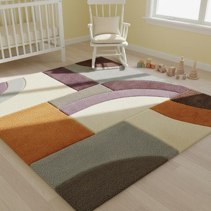 Modern Geometric Area Rug – Abstract Colour-Block Design in Muted Orange, Dusty Lilac & Ivory – Contemporary Home Accent Rug for Living Room