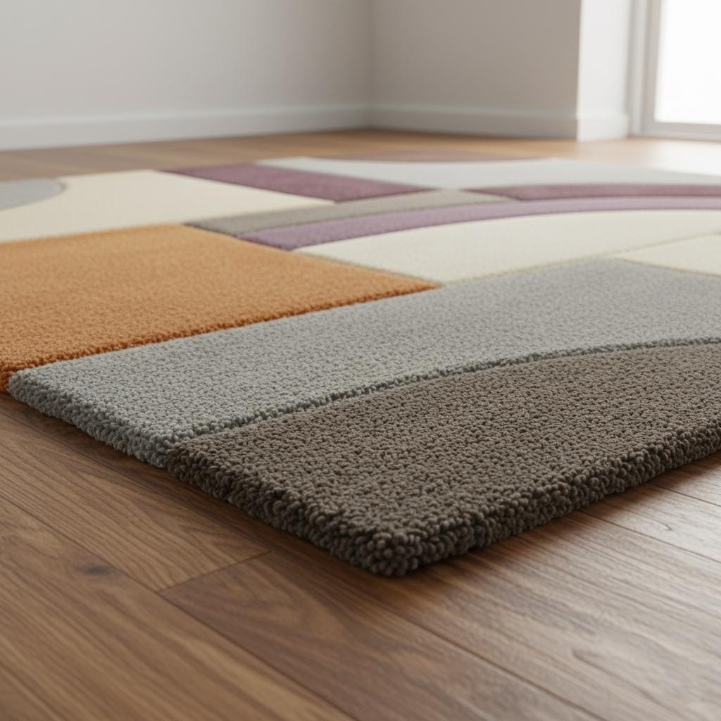 Modern Geometric Area Rug – Abstract Colour-Block Design in Muted Orange, Dusty Lilac & Ivory – Contemporary Home Accent Rug for Living Room