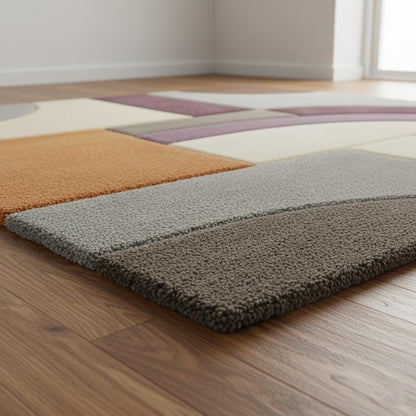 Modern Geometric Area Rug – Abstract Colour-Block Design in Muted Orange, Dusty Lilac & Ivory – Contemporary Home Accent Rug for Living Room