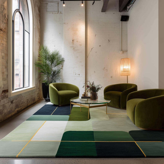 Modern geometric rug hand-tufted wool colour block carpet in olive green and navy for luxury living room decor
