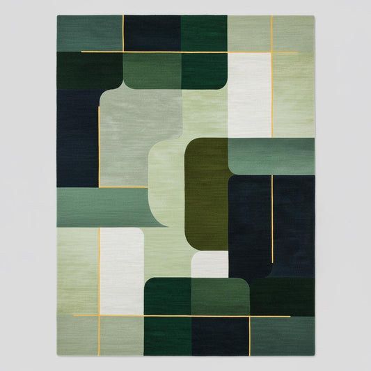 Modern geometric rug hand tufted wool colour block carpet in olive green, navy, and forest tones for luxury living room decor