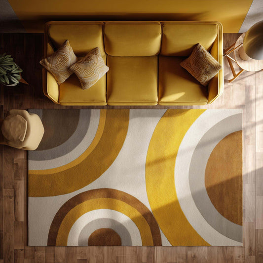 Modern retro rug with geometric abstract curved pattern in yellow mustard, brown, and beige tones