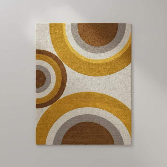 Modern retro rug with abstract curved geometric pattern in mustard yellow, brown, and beige tones for vintage style home decor.