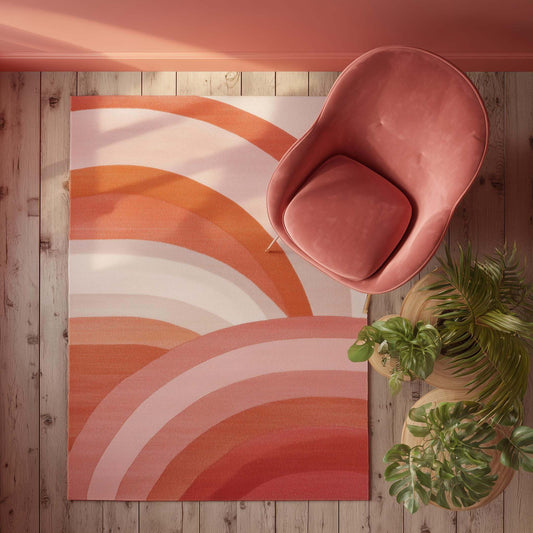 Modern Retro Area Rug with pink, orange curved stripes and plush texture for cozy mid century home decor