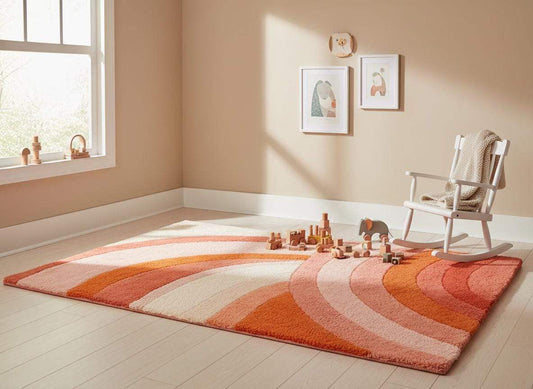 Modern Retro Area Rug with warm pink and orange curved stripes, plush texture, and mid-century design