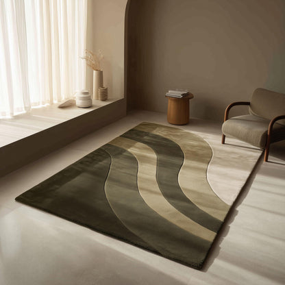 Modern wave area rug with organic wavy stripes in olive green, handloom wool, plush texture, ideal for boho and mid-century modern decor