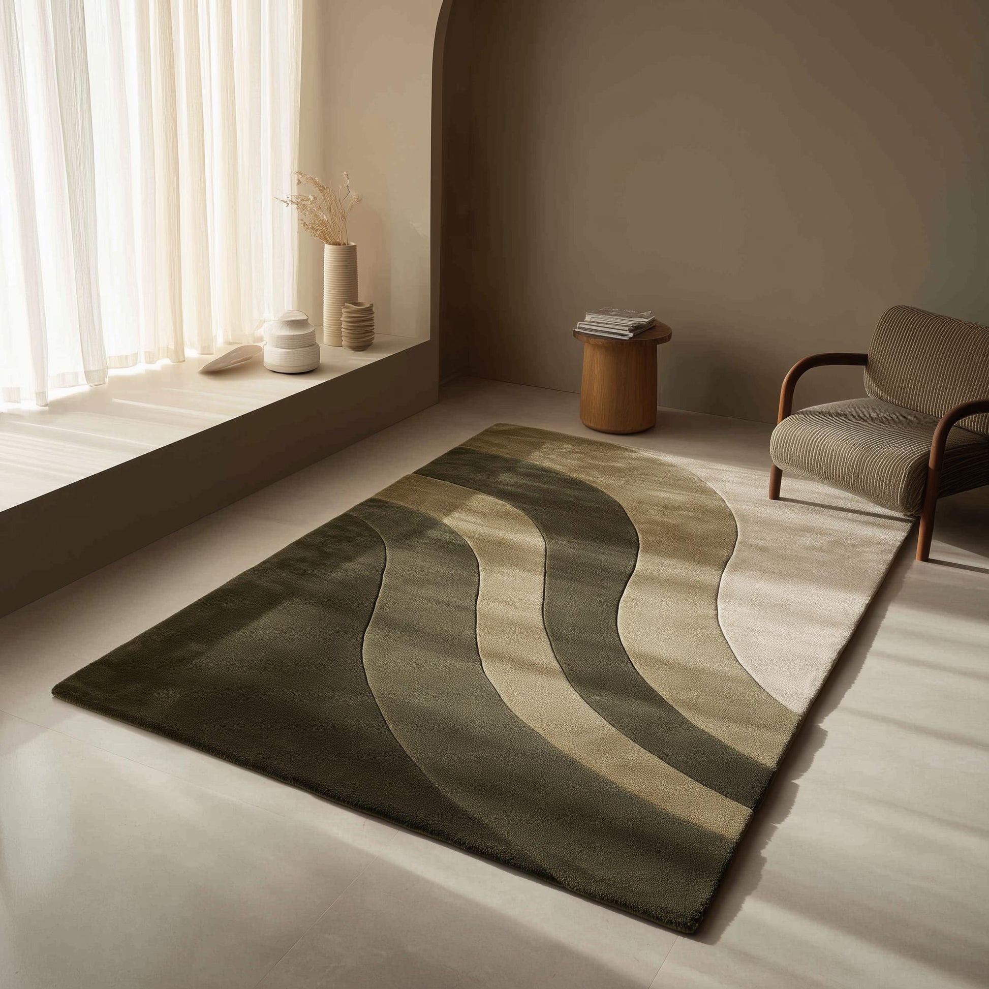Modern Wave Area Rug with organic wavy stripes in olive green handloom wool plush carpet