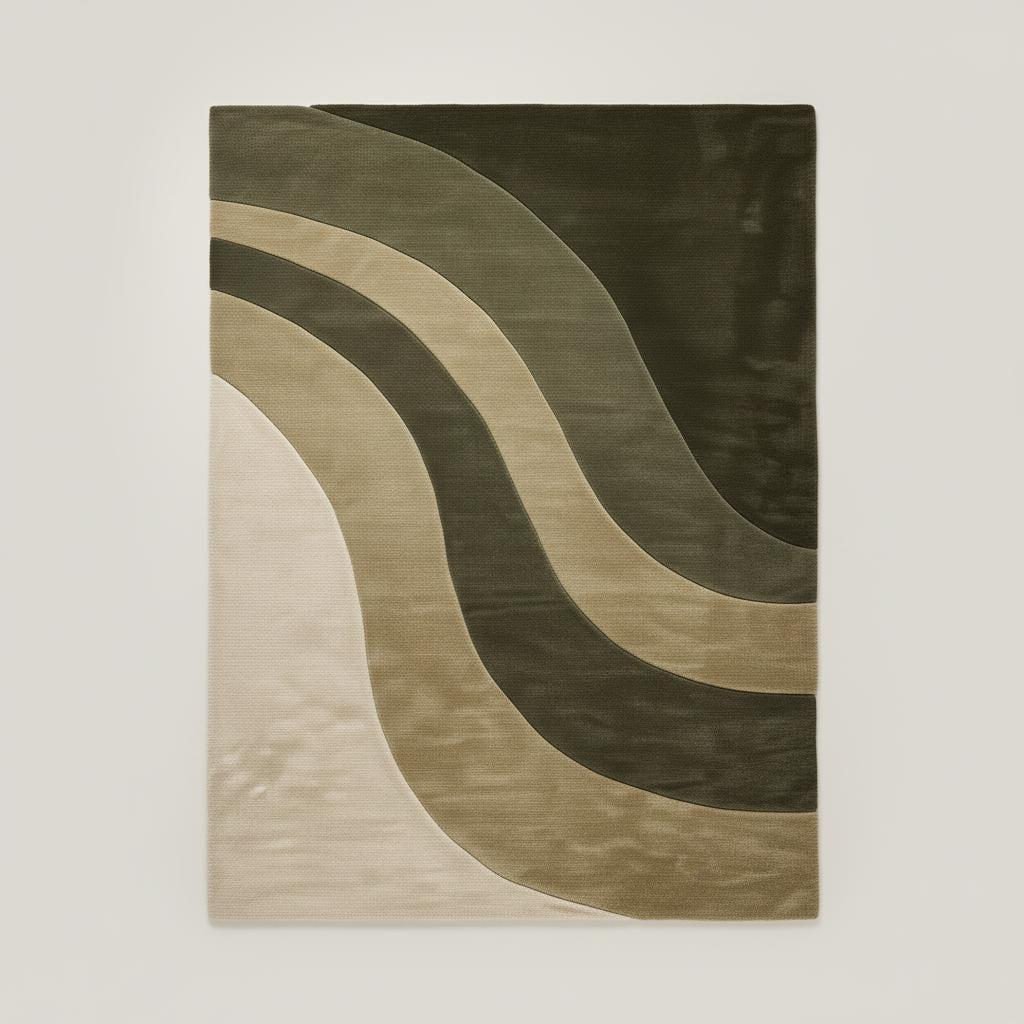 Modern Wave Area Rug handloom wool with organic olive green wavy stripes