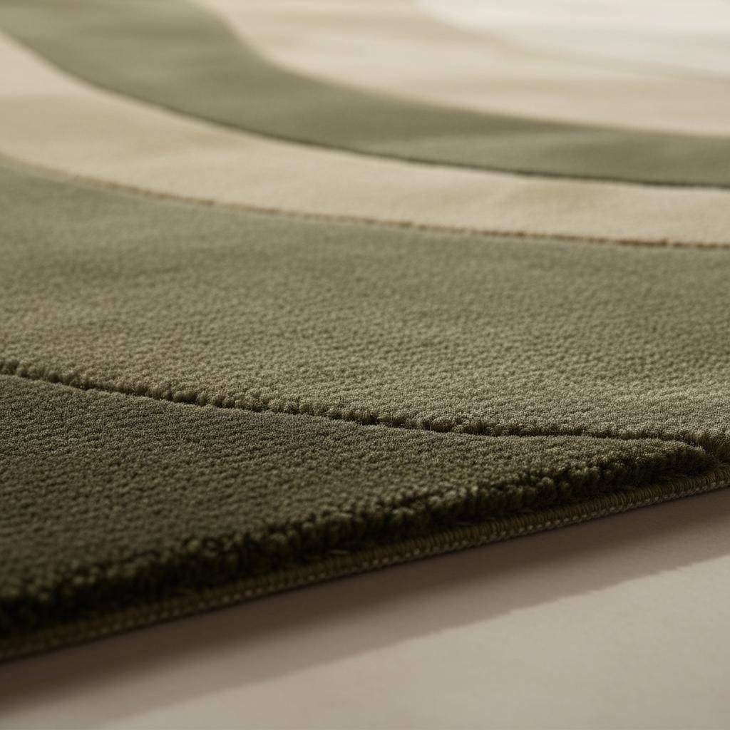 Modern Wave Area Rug with organic olive green wavy stripes, handloom wool plush carpet for minimalist and boho interiors