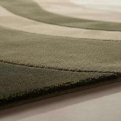 Modern Wave Area Rug with organic olive green wavy stripes, handloom wool plush carpet for minimalist and boho interiors