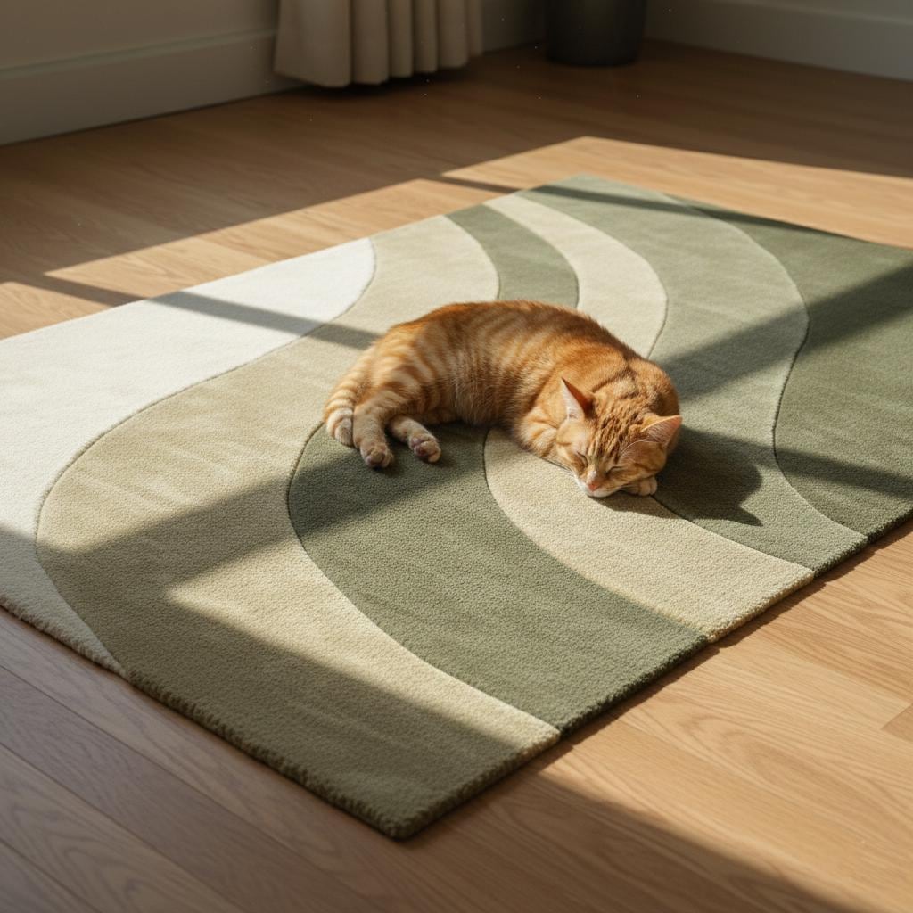 Modern Wave Area Rug handloom wool with olive green wavy stripes and plush texture