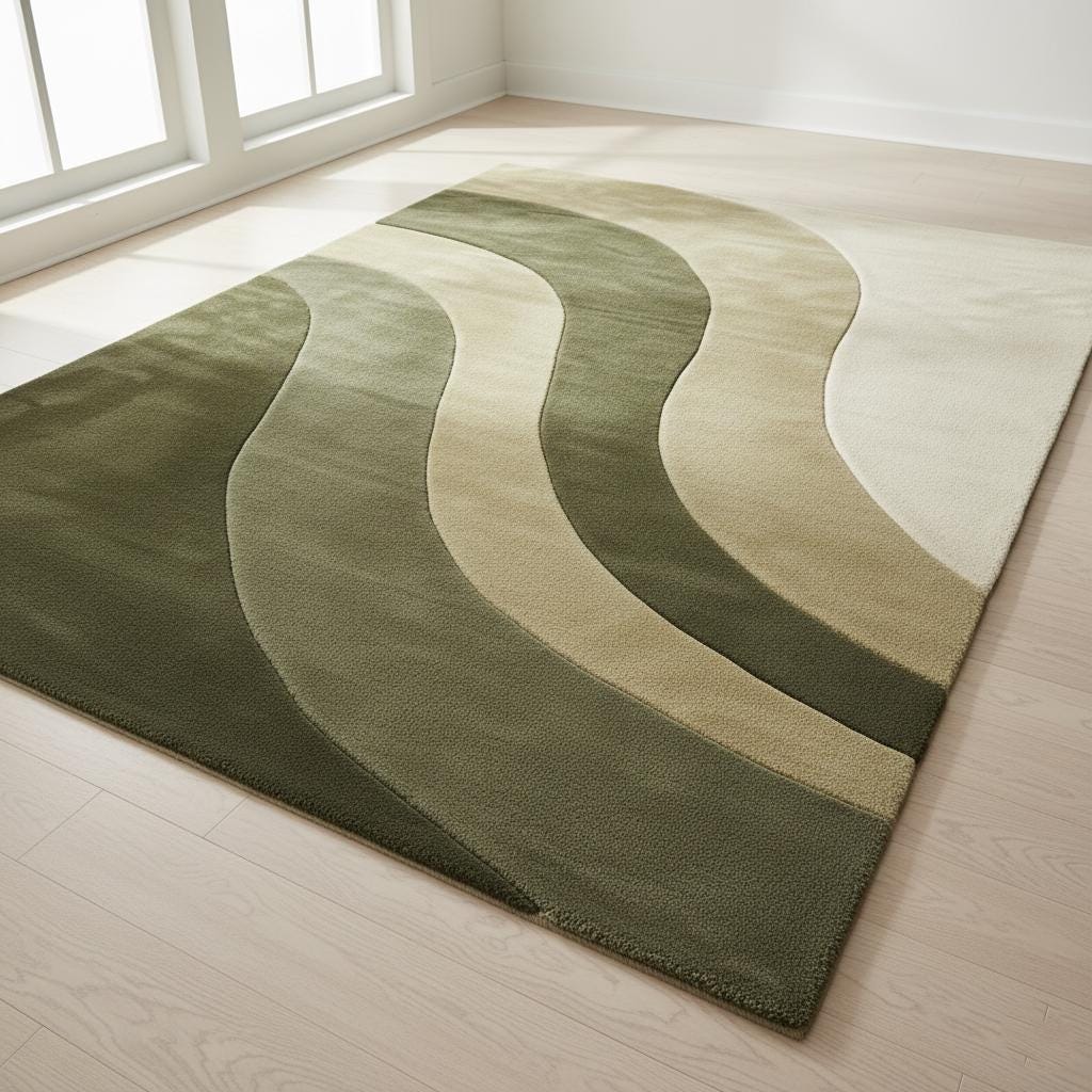 Modern wave area rug with organic wavy stripes in olive green handloom wool