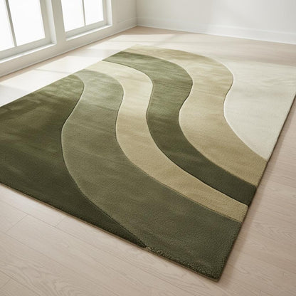 Modern wave area rug with organic wavy stripes in olive green handloom wool