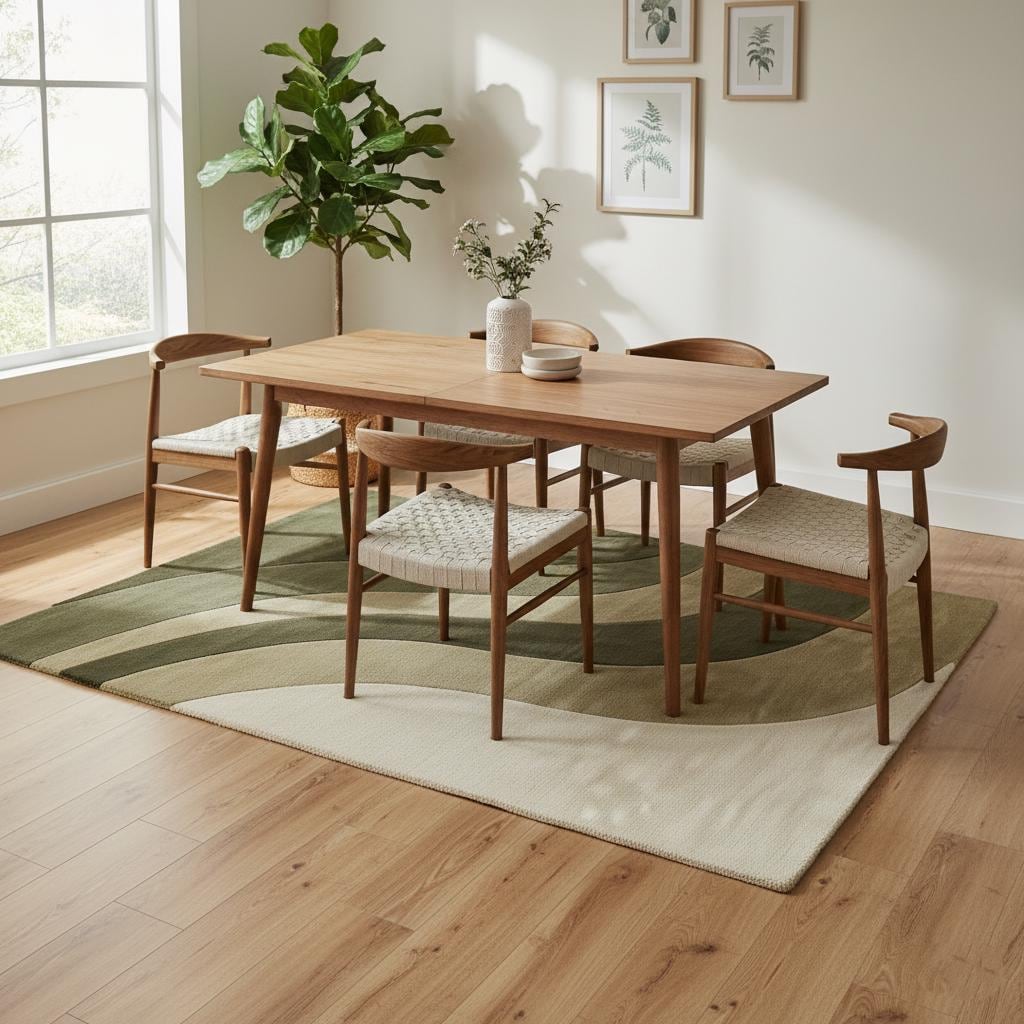 Olive green modern wave area rug with organic wavy stripes, handloom wool plush carpet for boho and mid-century interiors