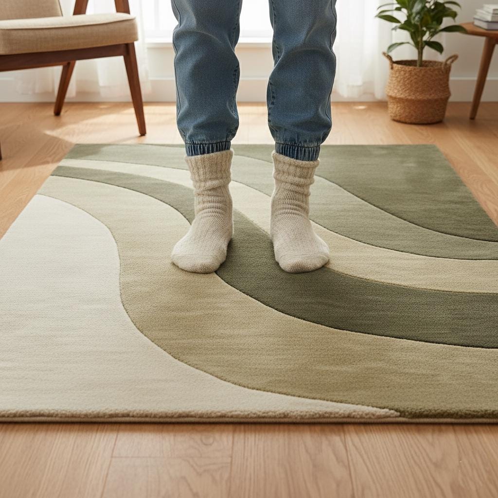 Modern wave area rug with olive green wavy stripes, handloom wool plush carpet for cozy minimalist and boho interiors