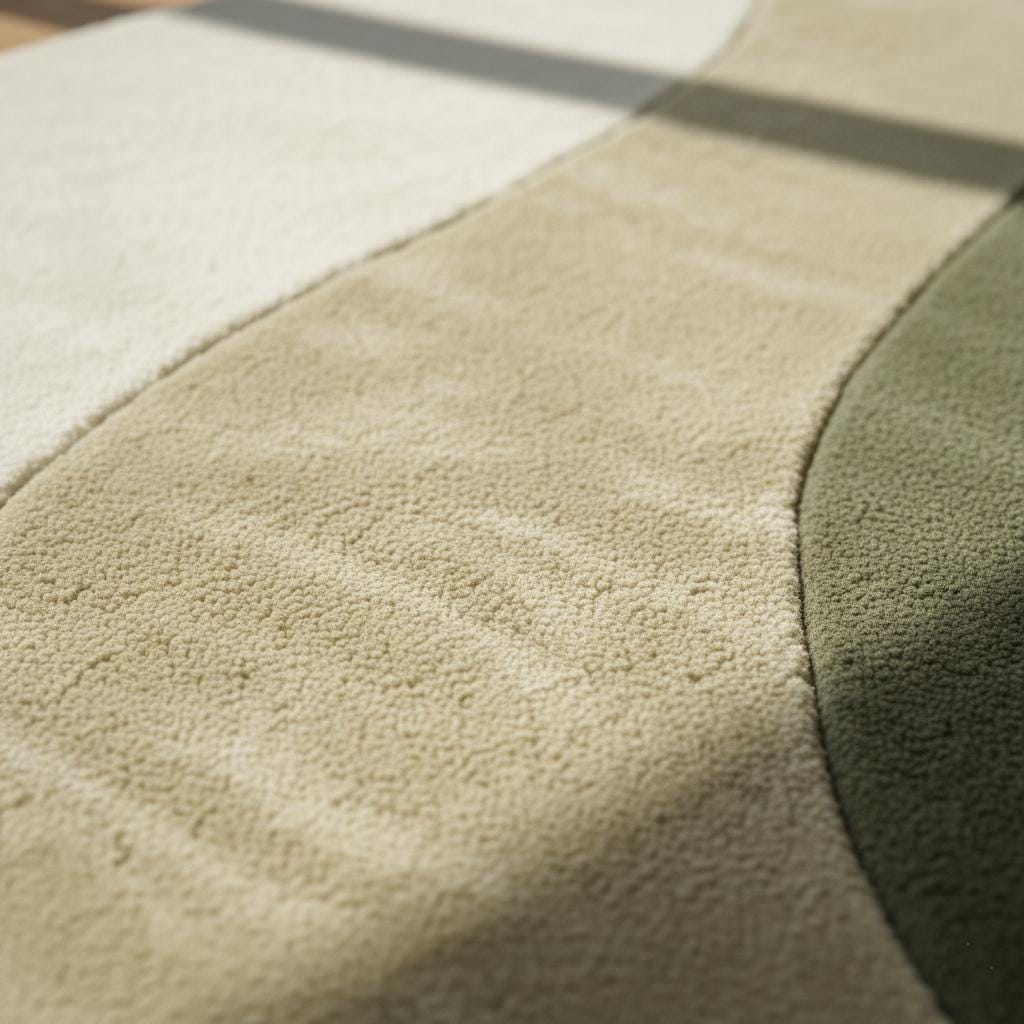 Modern Wave Area Rug with organic olive green wavy stripes, handloom wool plush carpet for boho and mid-century modern decor