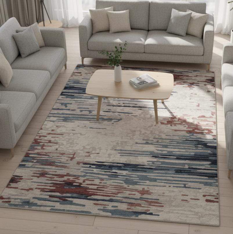 Modern Abstract Area Rug | Blue, Red, Beige Pattern