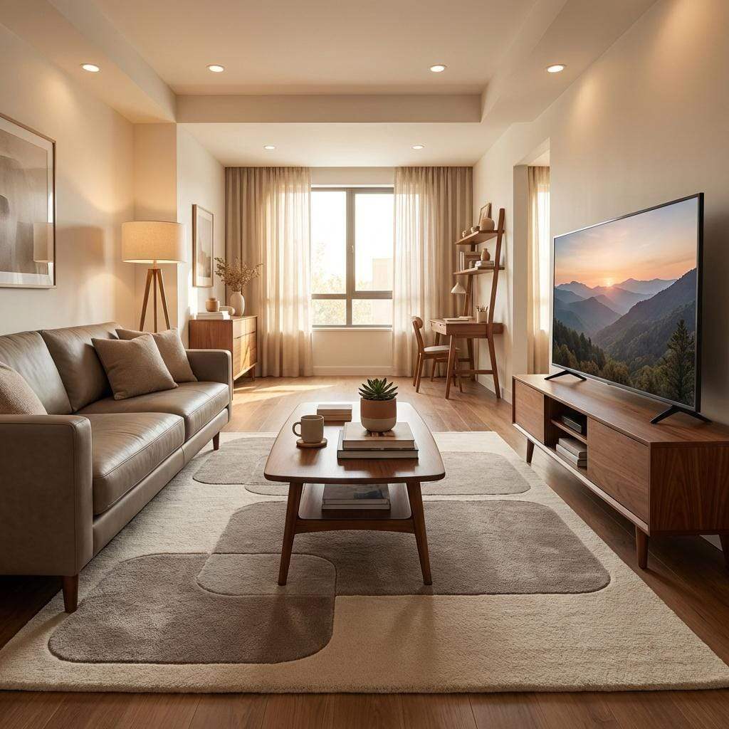 Modern Abstract Area Rug Neutral Geometric Plush Carpet Minimalist Living Room Decor