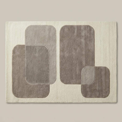 Top-down view of modern geometric area rug with abstract layered shapes, cream border, and taupe design, minimalist neutral carpet for stylish living spaces.