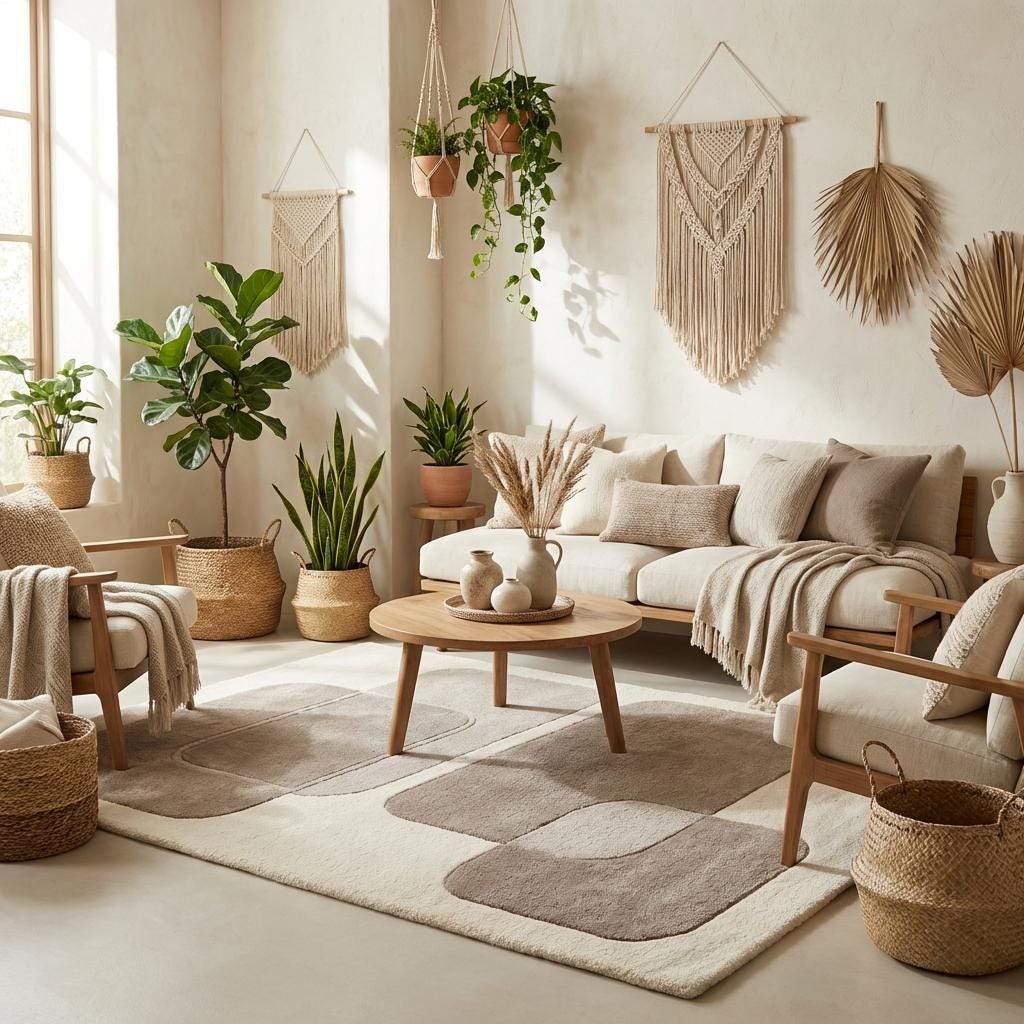 Neutral abstract rug placed in modern living room, soft plush carpet anchoring seating area with contemporary furniture and warm minimalist décor.