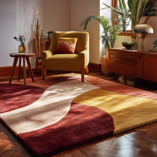 Modern abstract rug with red, yellow, and cream curved design in living room.