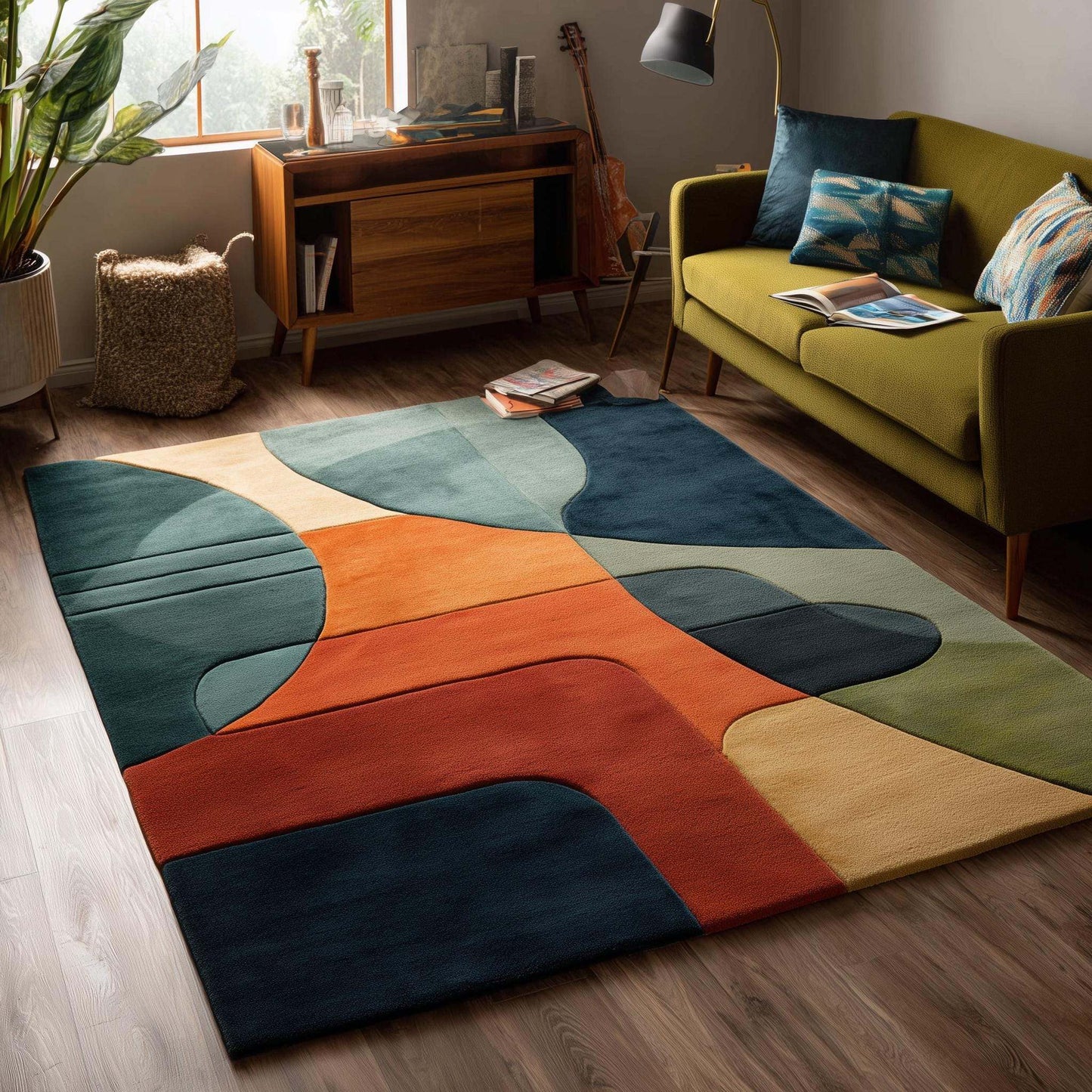 Modern abstract geometric area rug with bold jewel tones and freeform shapes for living room decor